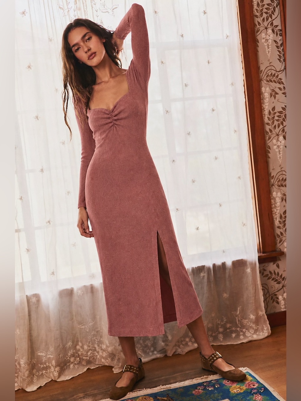 INC Heather Marsala Ribbed Midi Lined Slit Dress Sweetheart Ruched Bodycon, XL